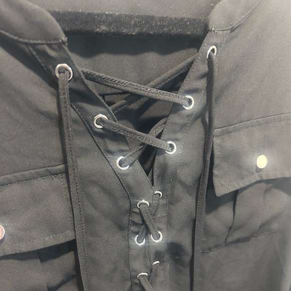 NYGARD, size L, black 3/4 length sleeve top, corset front, silver accents - Picture 2 of 6